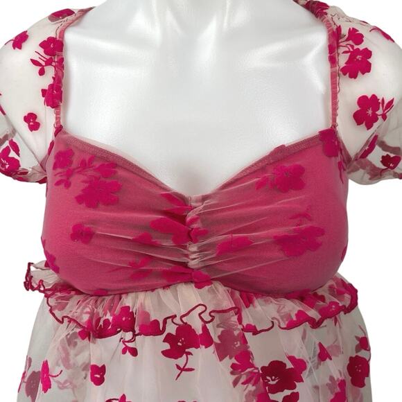 NEW Urban Outfitters Kimchi Blue Claudia Pink Floral Mesh Babydoll Blouse Top M - Picture 7 of 9